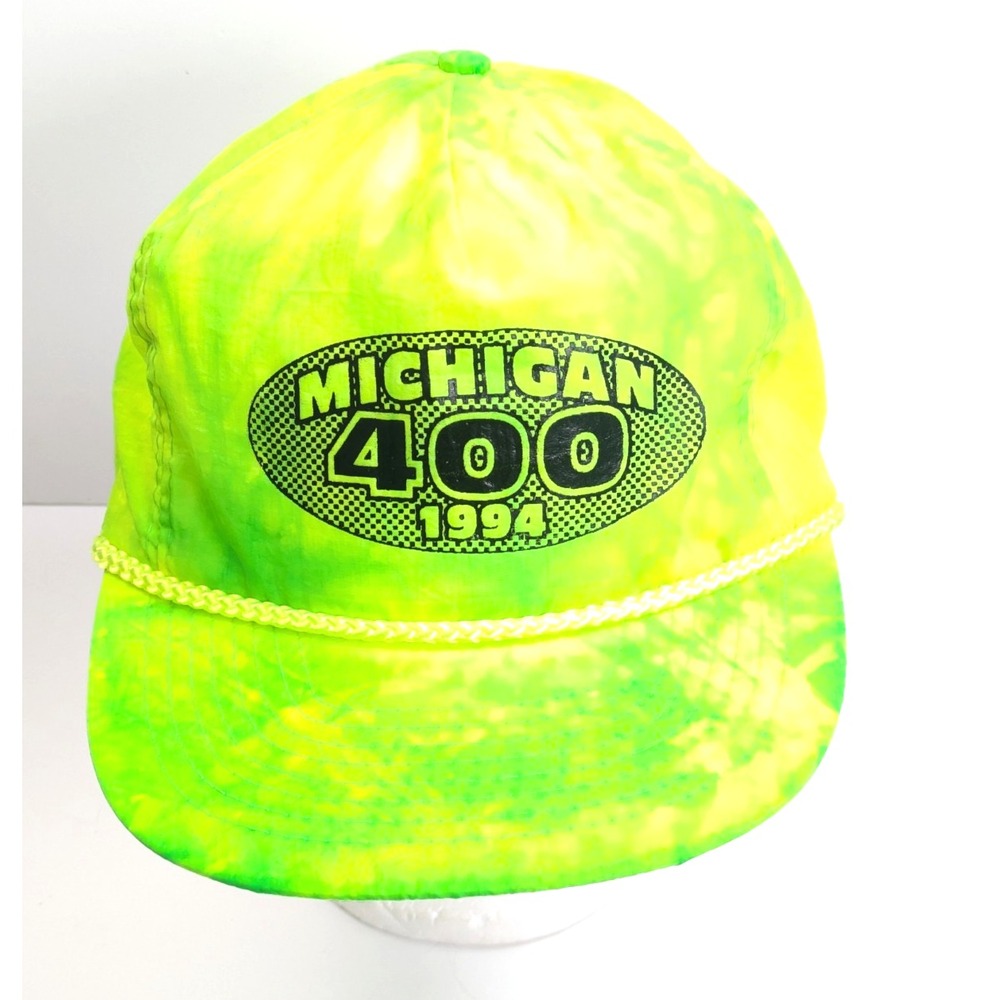 Michigan 400 1994 Stock Cars 90s Neon Green Race Car Hat Rope Snapback